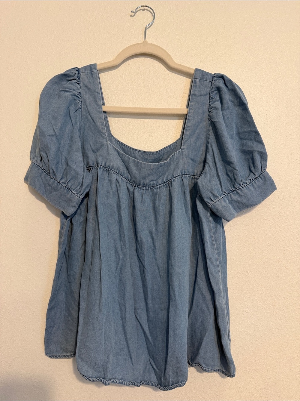 Square Neck Puff Sleeve Chambray Blouse in Light Blue